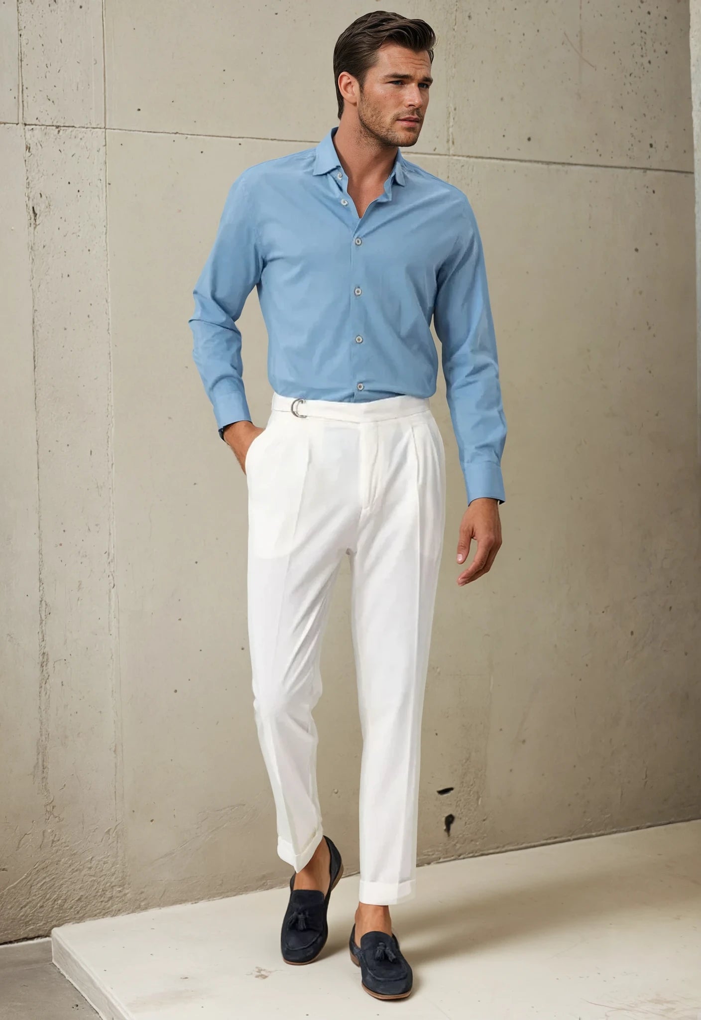 High Waist Buckle Closure Pleated Men’s Trousers