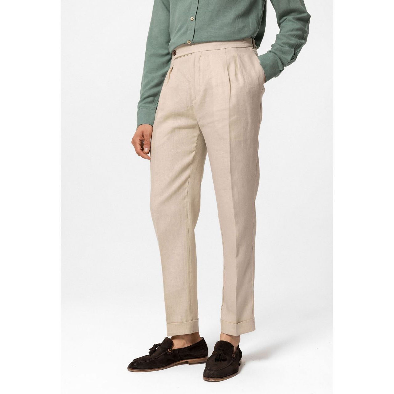 High Waist 100% Linen Pleated Men's Pants