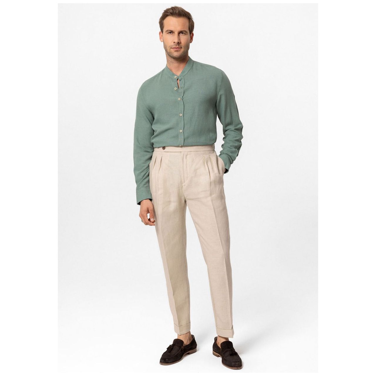 High Waist 100% Linen Pleated Men's Pants